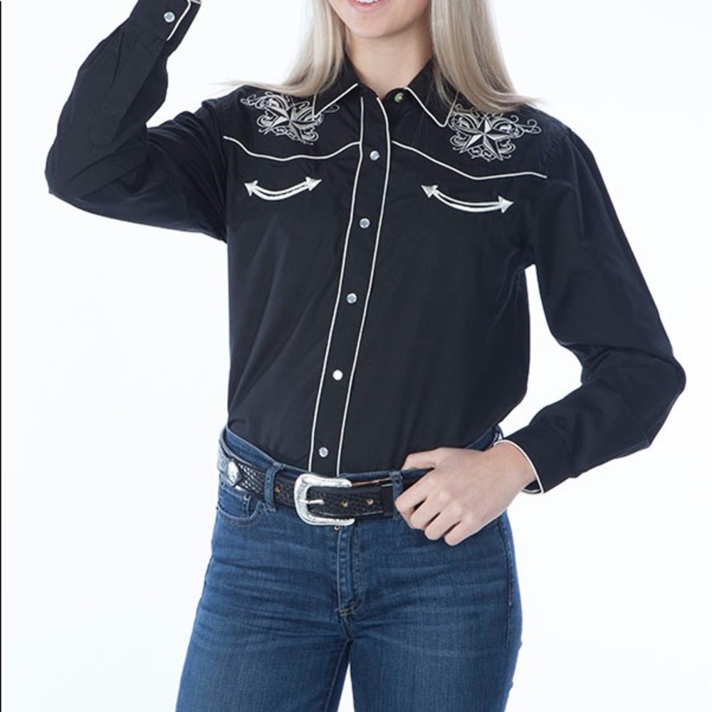 Black Womens Retro Western Shirt, Star Design